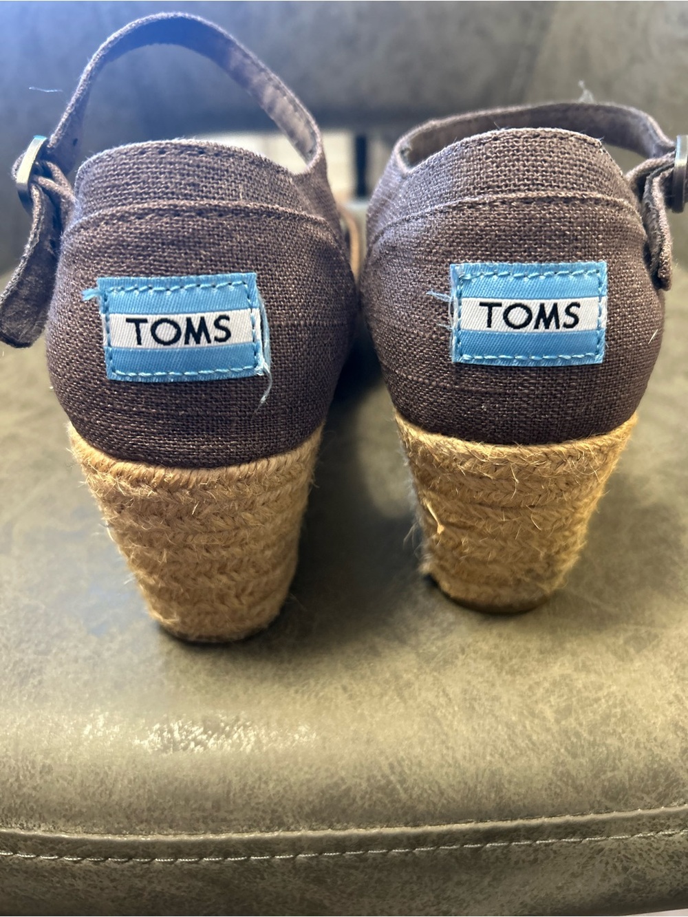 TOMS Brown Canvas Espadrille Wedge Sandals with Blue Logo